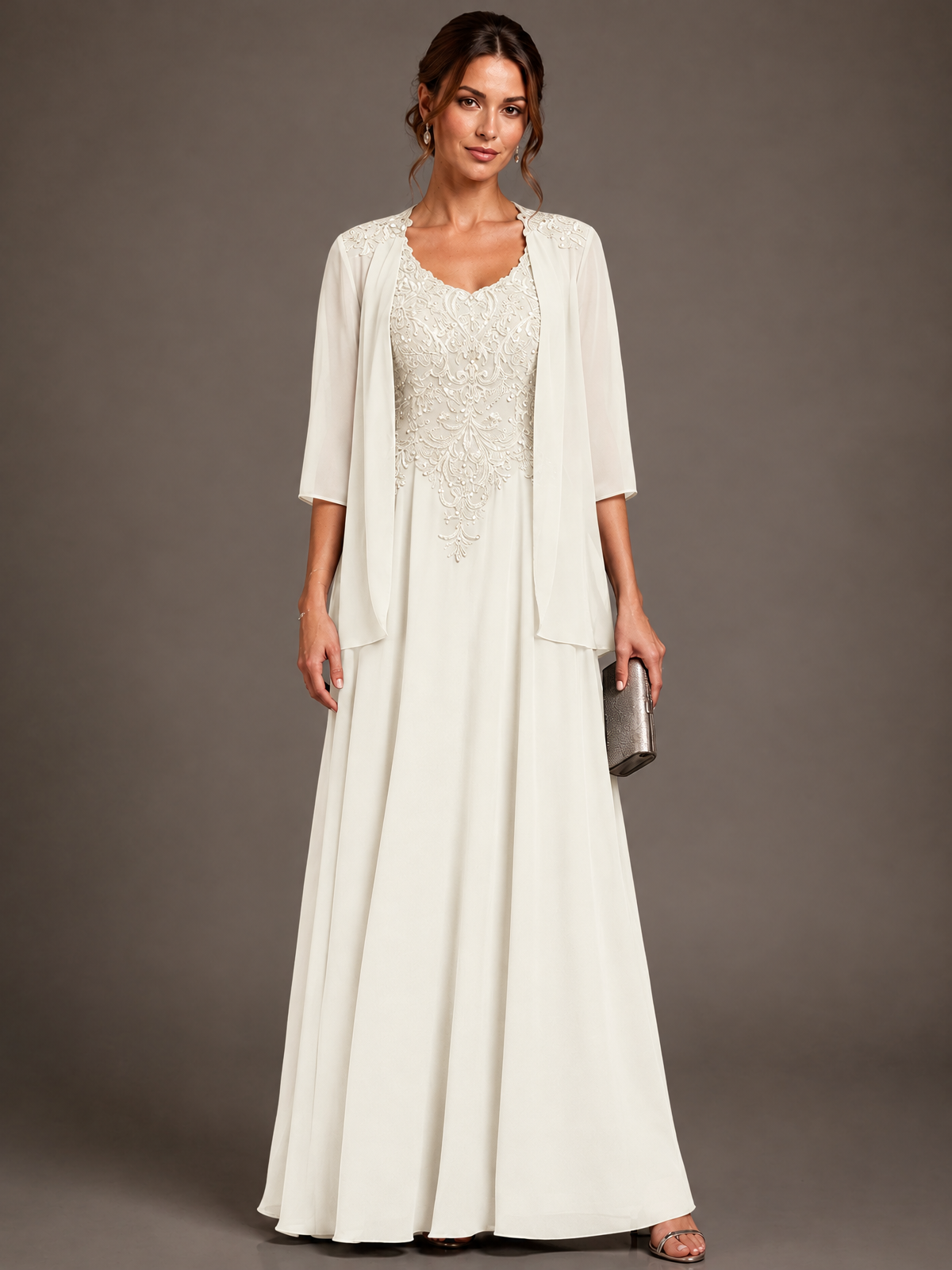 A-line 2 Pieces Chiffon Appliques Mother of The Bride Dresses with Jackets