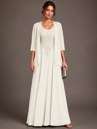 A-line 2 Pieces Chiffon Appliques Mother of The Bride Dresses with Jackets