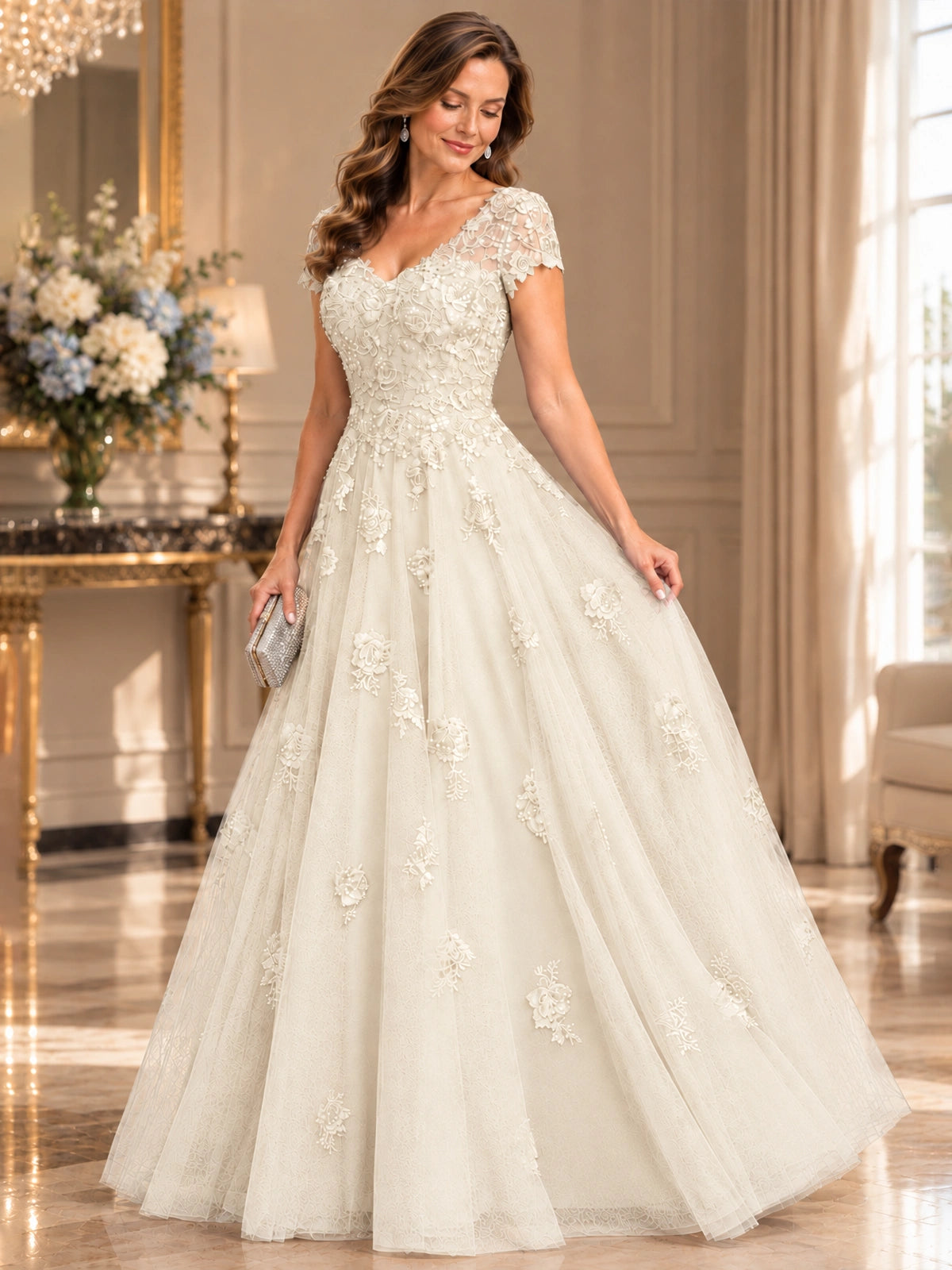 Lace Appliques A-line Mother of The Bride Dresses with Short Sleeves