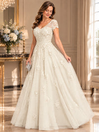 Lace Appliques A-line Mother of The Bride Dresses with Short Sleeves