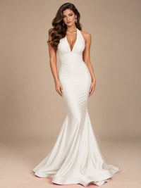Pink Halter Deep V-Neck Ruched Mermaid Prom Dress