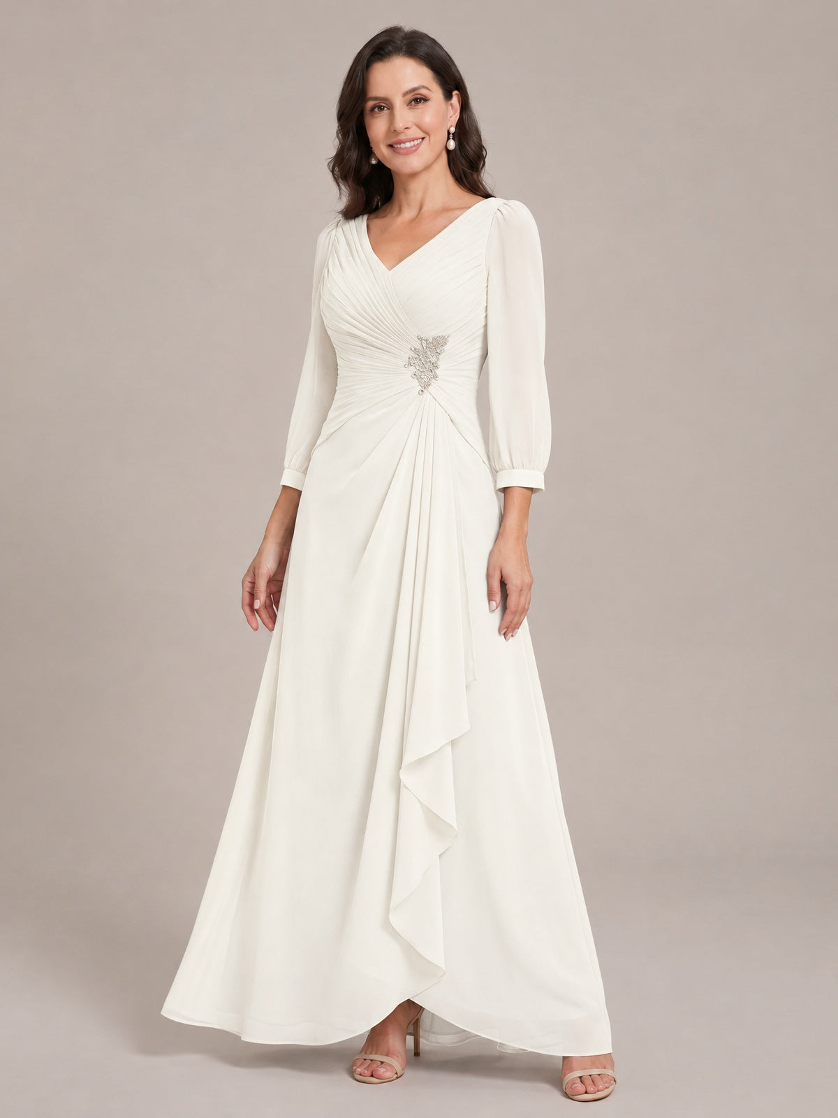 V-Neck Pleated Chiffon Mother of the Bride Dress with Flutter Sleeves