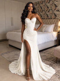 Beaded Sequin Prom Dress Strapless Formal Gowns with High Slit Train
