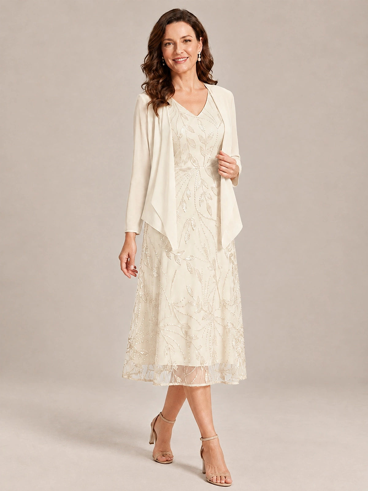 Tea Length Sequin Lace Mother of the Bride Dress with Chiffon Jacket