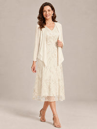 Tea Length Sequin Lace Mother of the Bride Dress with Chiffon Jacket