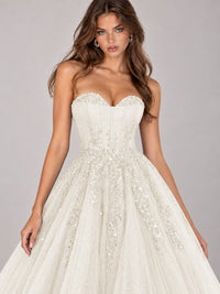 Strapless Sweetheart Beaded Corset Glitter Tulle Ball Gown Prom Dress