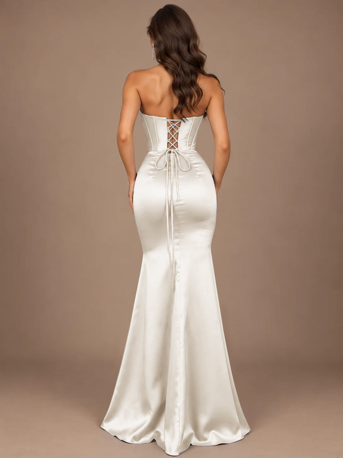 Dusty Blue Strapless Lace Corset Prom Dress with High Slit