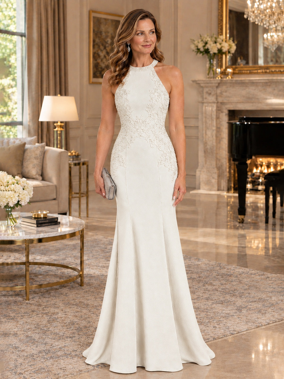 Halter Neckline Lace Appliques Mother of The Bride Dresses