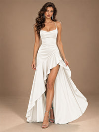 Burgundy Spaghetti Strap Ruched Prom Dress with Ruffled High Slit