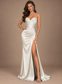 Dusty Blue Strapless Lace Corset Prom Dress with High Slit