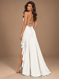 Burgundy Spaghetti Strap Ruched Prom Dress with Ruffled High Slit