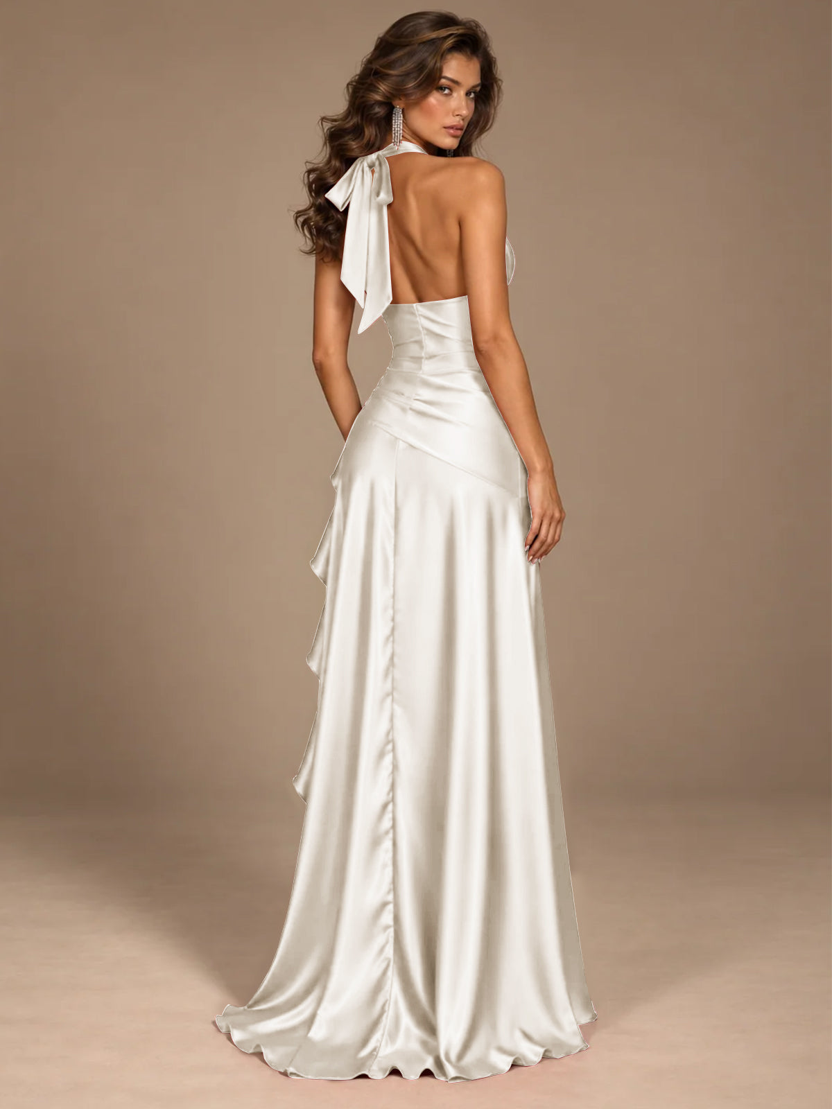Burgundy Halter Deep V-Neck Ruched High Slit Ruffle Prom Dress