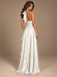 Burgundy Halter Deep V-Neck Ruched High Slit Ruffle Prom Dress
