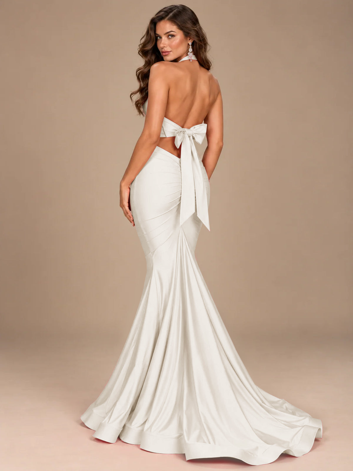 Pink Halter Deep V-Neck Ruched Mermaid Prom Dress