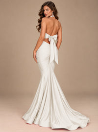 Pink Halter Deep V-Neck Ruched Mermaid Prom Dress