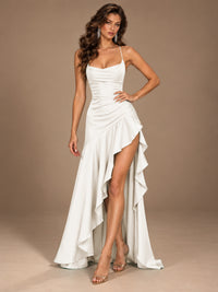 Burgundy Spaghetti Strap Ruched Prom Dress with Ruffled High Slit