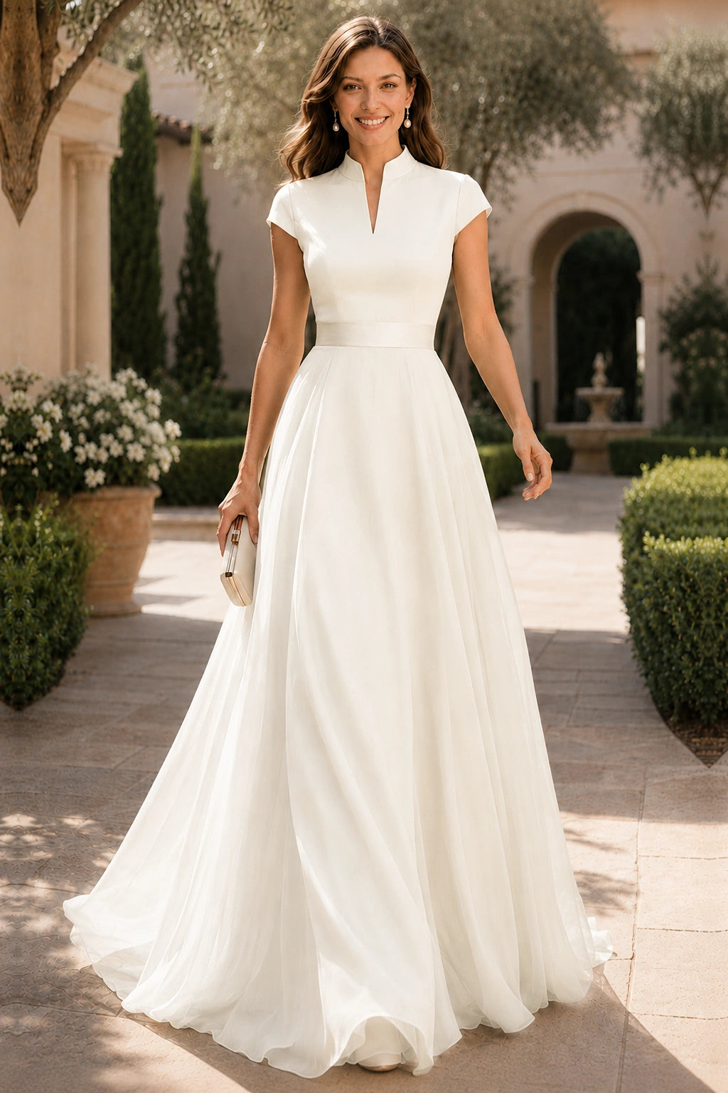 V Neck Cap Sleeve A-Line Floor-Length Satin Bridesmaid Dress