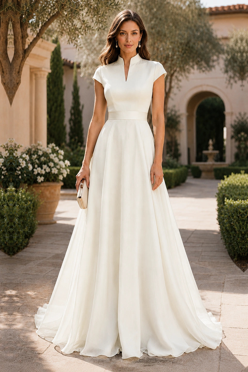 V Neck Cap Sleeve A-Line Floor-Length Satin Bridesmaid Dress