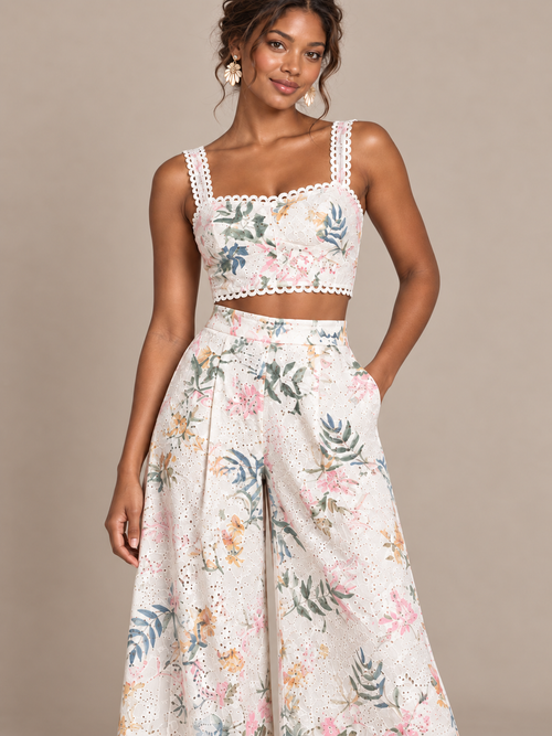 Ivory floral crop top with square neckline and scalloped trim