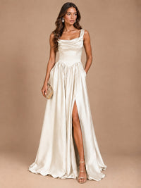 Cowl Neck Pleated Satin Prom Dress with Pockets & Slit Maxi Formal Gowns