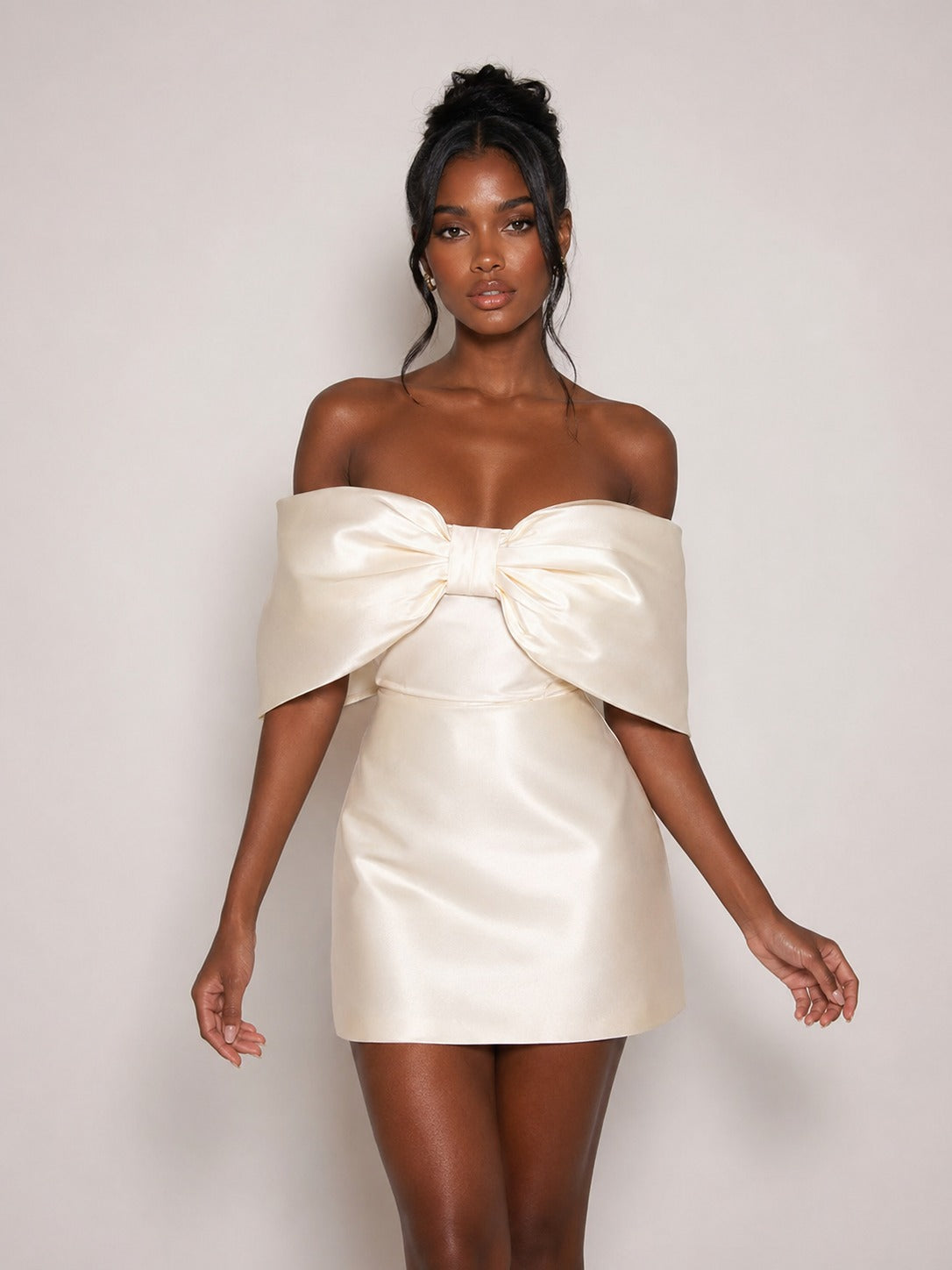 Ivory satin bow mini dress for special occasions