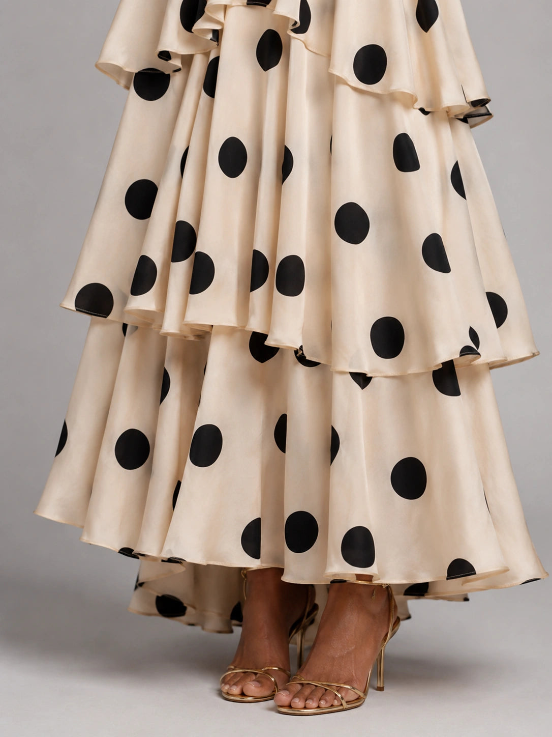 Ivory and Black Polka Dot Strapless Tiered Maxi Dress