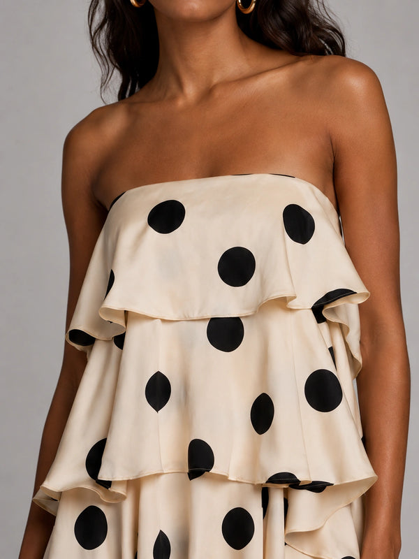 Ivory and Black Polka Dot Strapless Tiered Maxi Dress