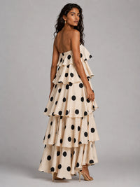 Ivory and Black Polka Dot Strapless Tiered Maxi Dress