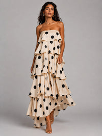 Ivory and Black Polka Dot Strapless Tiered Maxi Dress