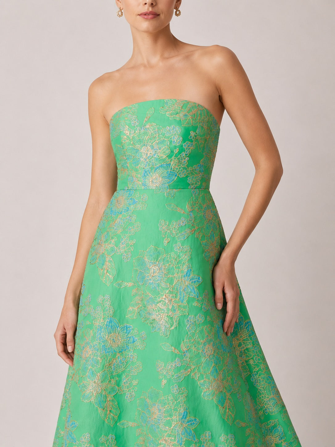 Green Floral Jacquard Strapless A-Line Maxi Dress