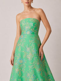 Green Floral Jacquard Strapless A-Line Maxi Dress
