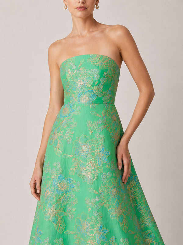 Green Floral Jacquard Strapless A-Line Maxi Dress