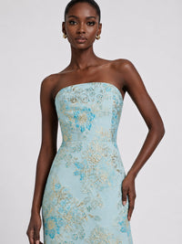 Light Blue Floral Jacquard Strapless A-Line Maxi Dress