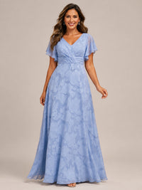 Jovellee Light Blue Floral Chiffon A-Line Mother of the Bride Dress with Flutter Sleeves
