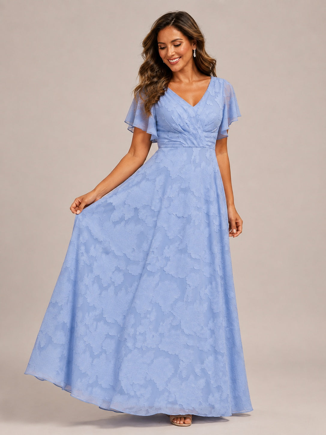 Jovellee Light Blue Floral Chiffon A-Line Mother of the Bride Dress with Flutter Sleeves