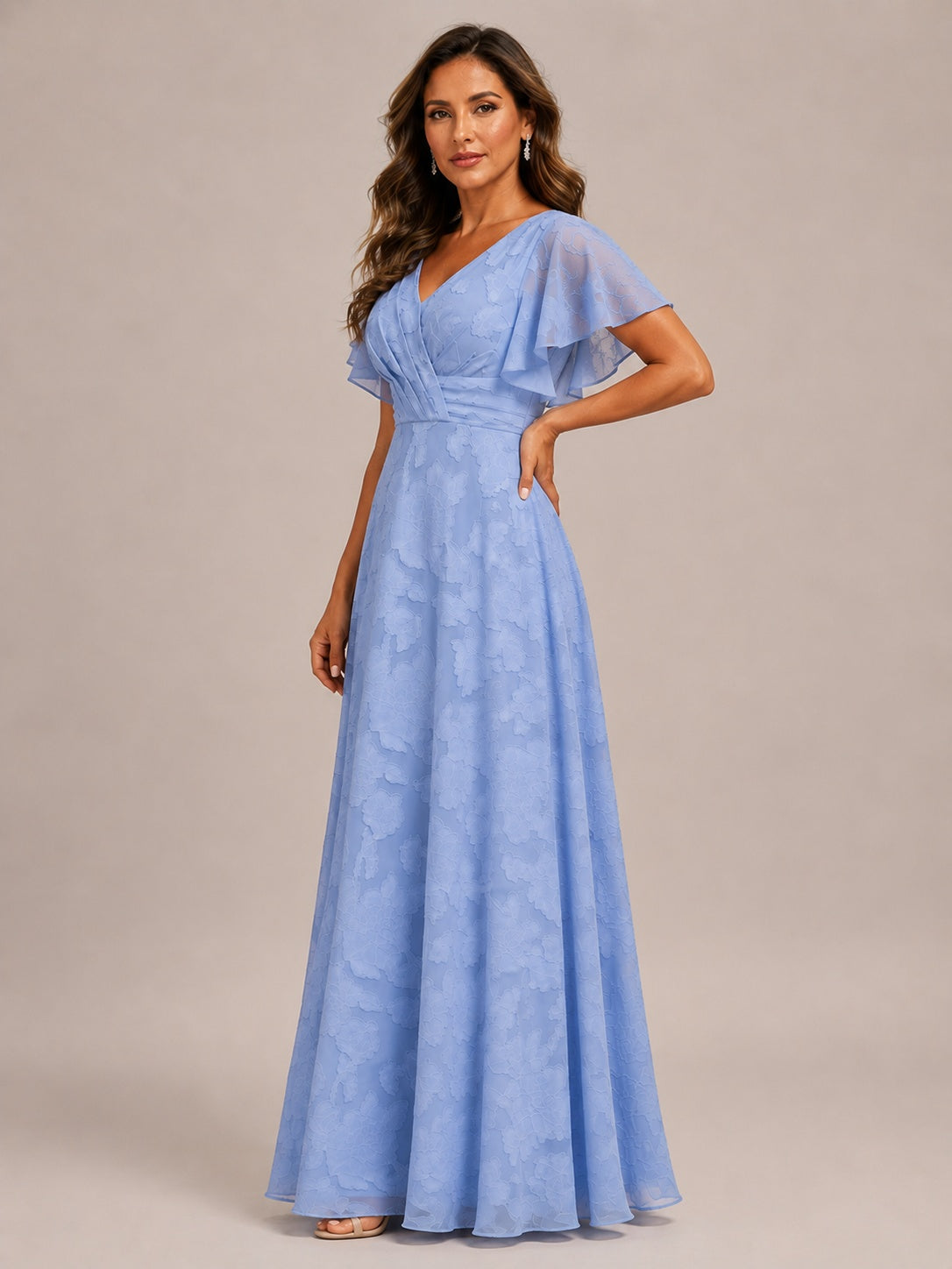 Jovellee Light Blue Floral Chiffon A-Line Mother of the Bride Dress with Flutter Sleeves