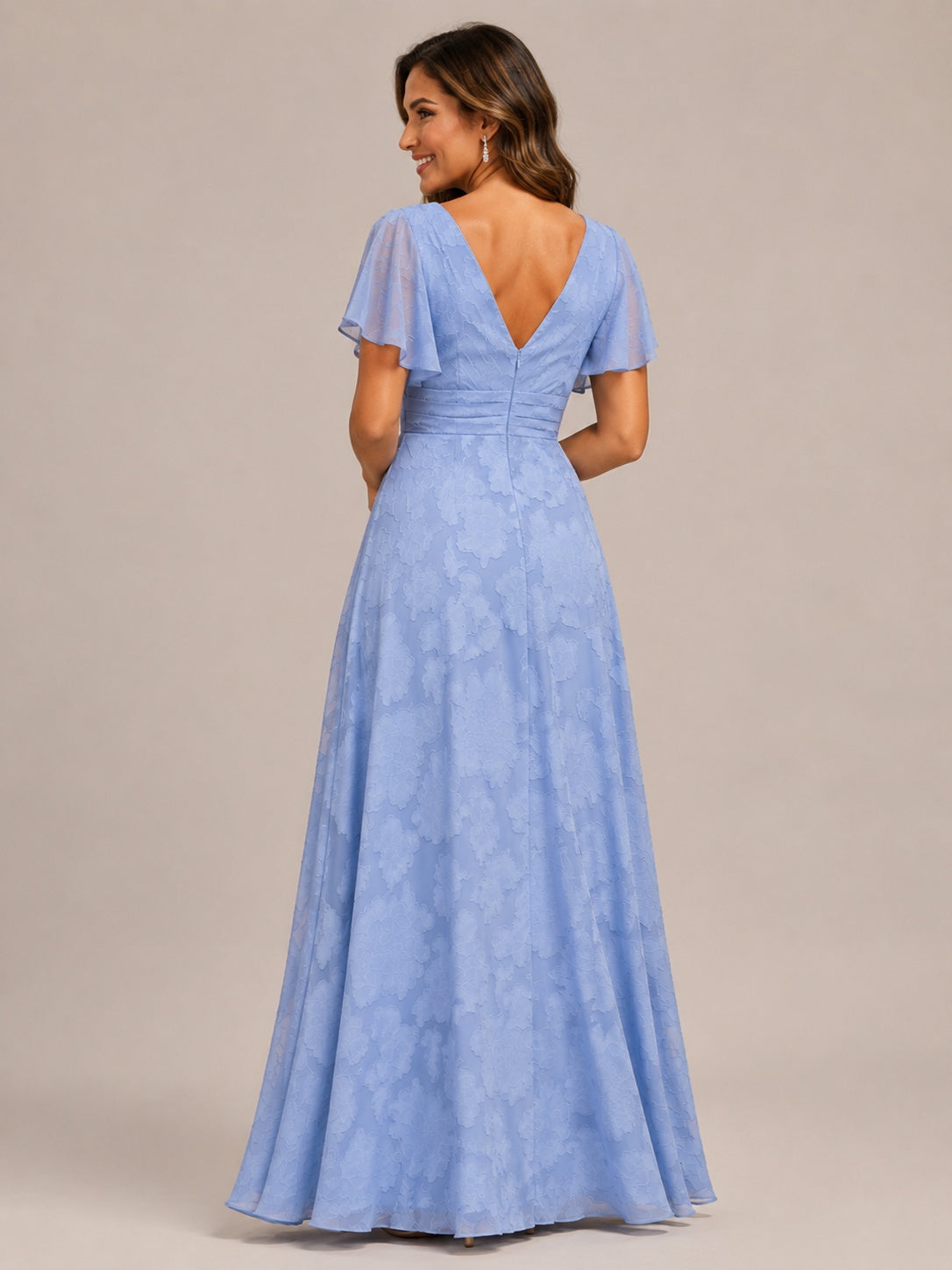 Jovellee Light Blue Floral Chiffon A-Line Mother of the Bride Dress with Flutter Sleeves
