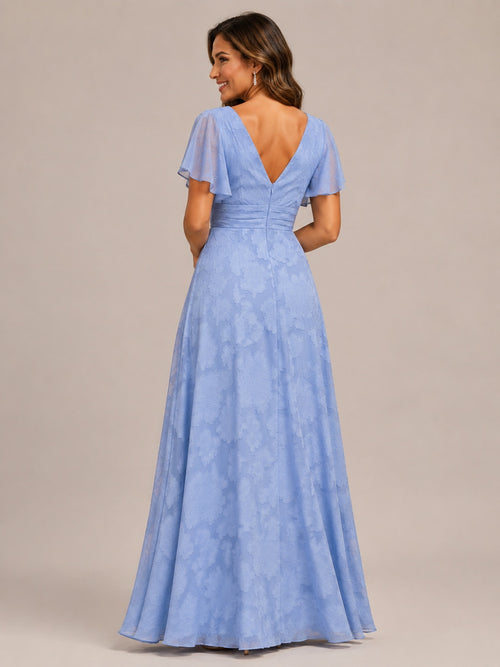 Jovellee Light Blue Floral Chiffon A-Line Mother of the Bride Dress with Flutter Sleeves