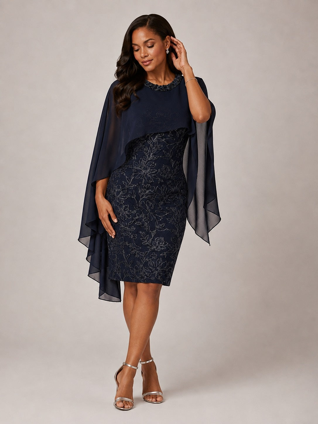 Navy Blue Floral Sheath Mother of the Bride Dress with Cape Overlay