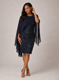 Navy Blue Floral Sheath Mother of the Bride Dress with Cape Overlay