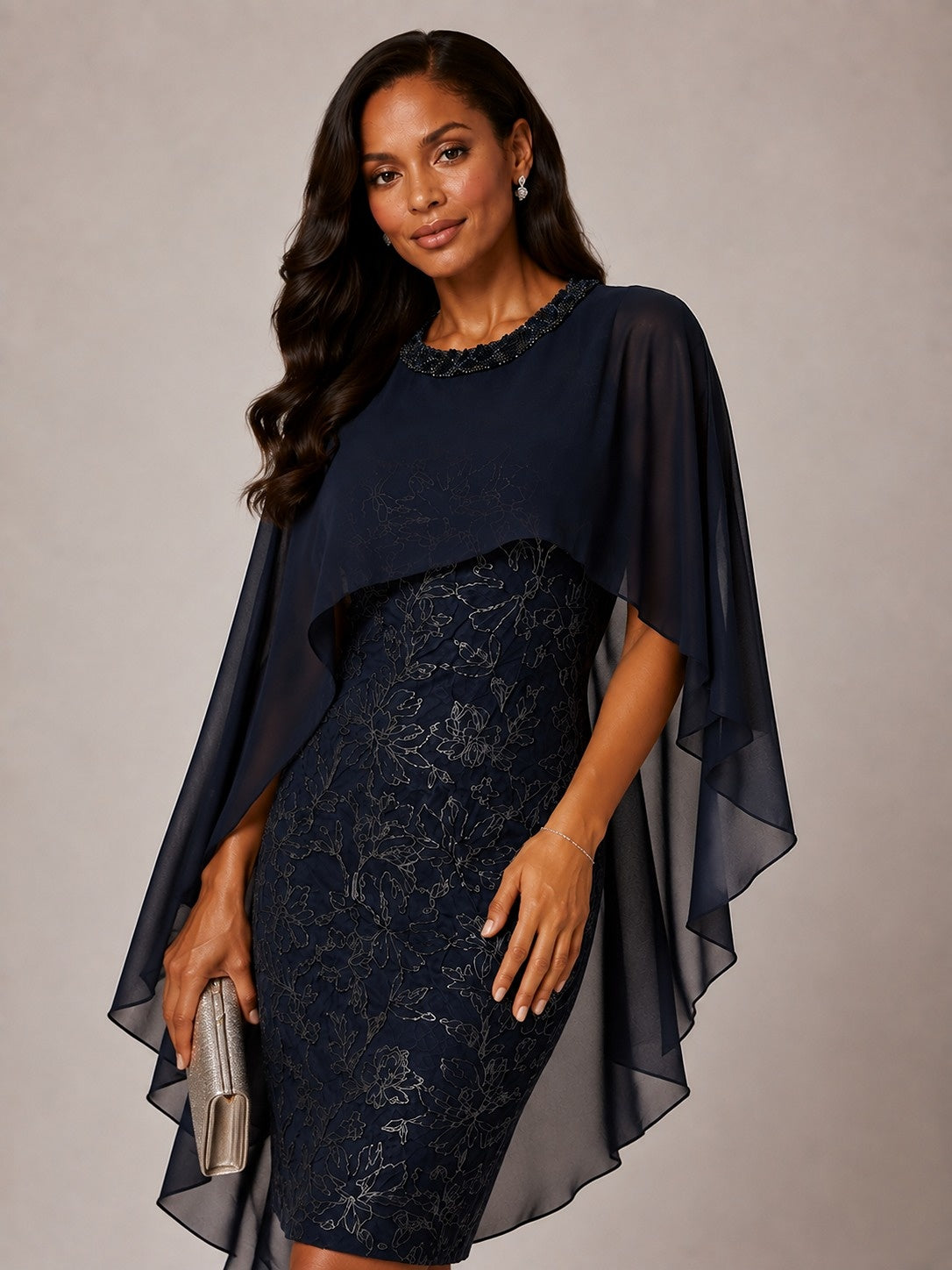 Navy Blue Floral Sheath Mother of the Bride Dress with Cape Overlay