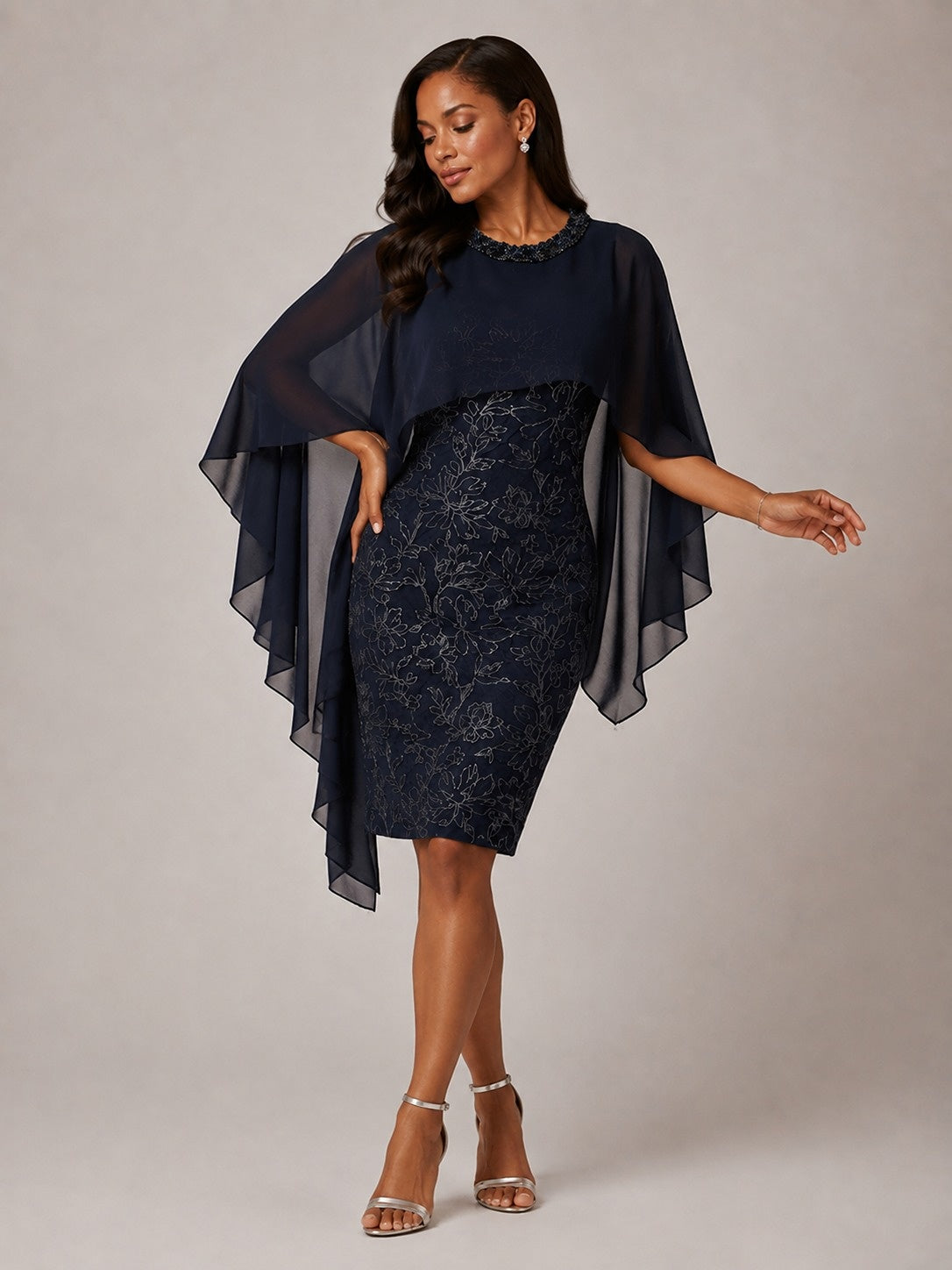 Navy Blue Floral Sheath Mother of the Bride Dress with Cape Overlay