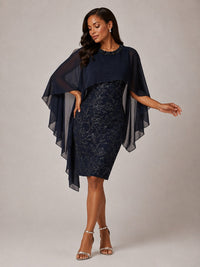 Navy Blue Floral Sheath Mother of the Bride Dress with Cape Overlay