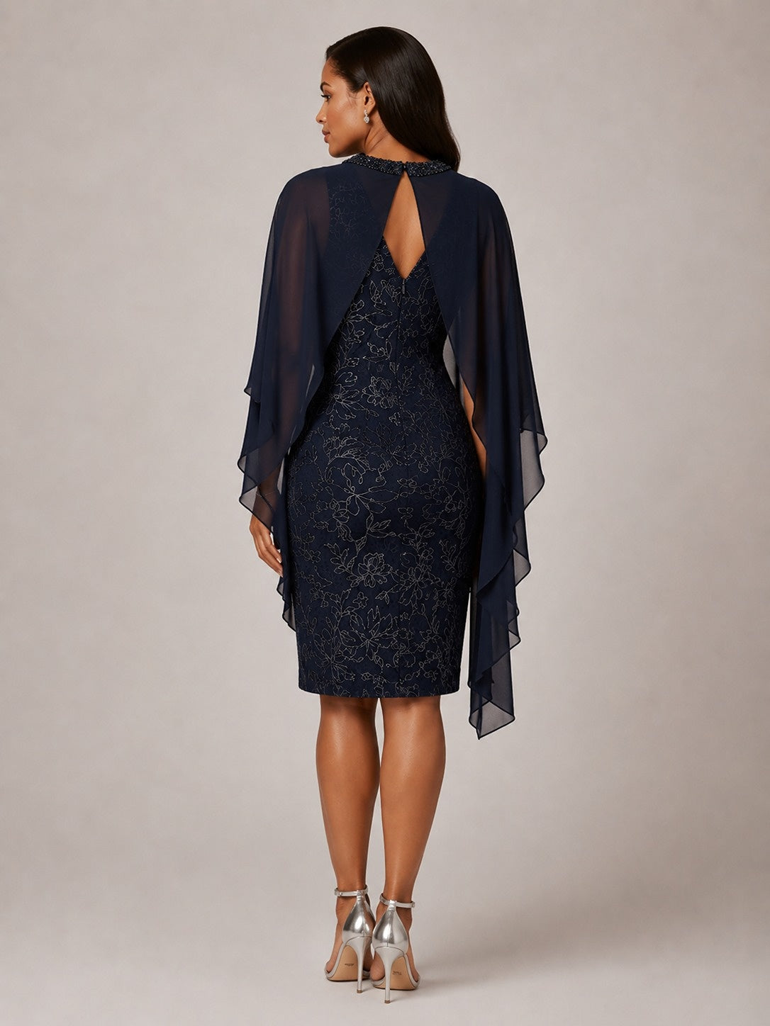 Navy Blue Floral Sheath Mother of the Bride Dress with Cape Overlay
