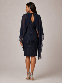 Navy Blue Floral Sheath Mother of the Bride Dress with Cape Overlay