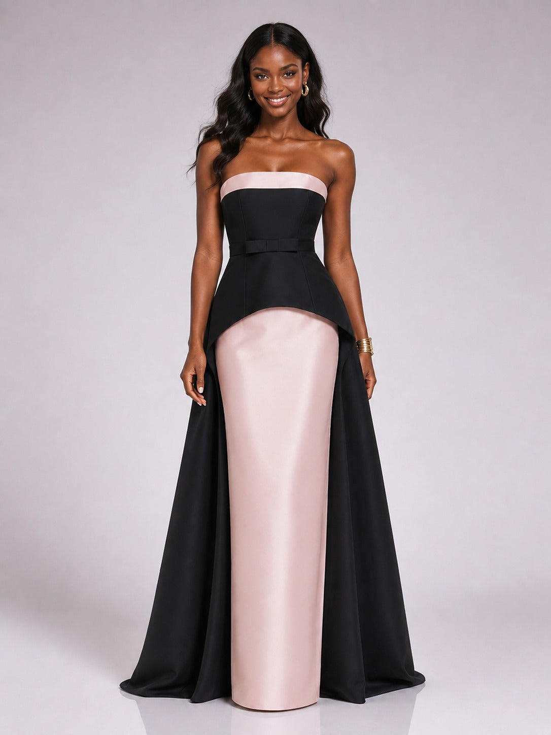 Jovellee black and blush strapless satin maxi dress with draped overskirt
