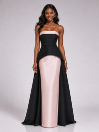 Jovellee black and blush strapless satin maxi dress with draped overskirt