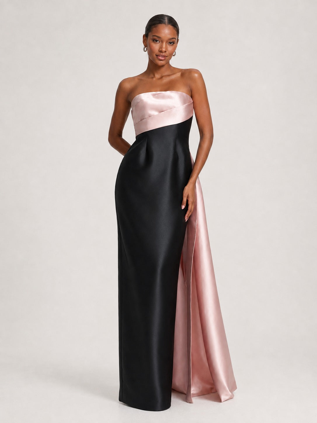 Jovellee black and pink strapless satin gown with draped sash
