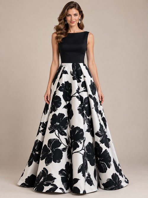 Jovellee black and white floral A-line evening gown with sleeveless boat neck