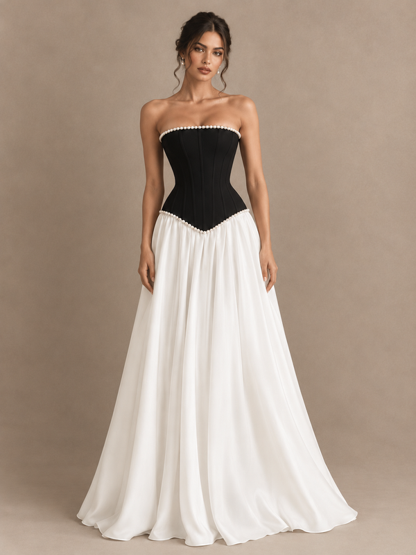 Jovellee black and white strapless corset prom dress with pearl trim and a flowing floor-length A-line skirt
